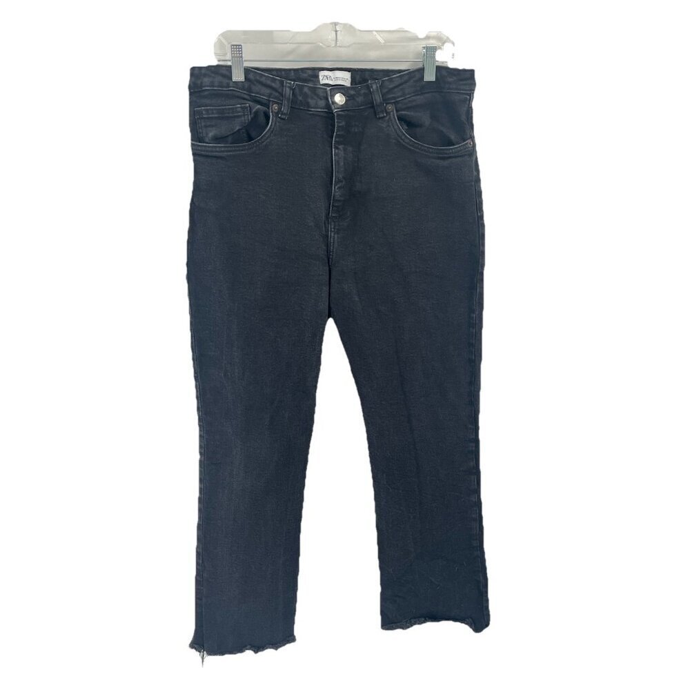 Zara Black Straight Leg Ankle Jeans Raw Hems Sz 14